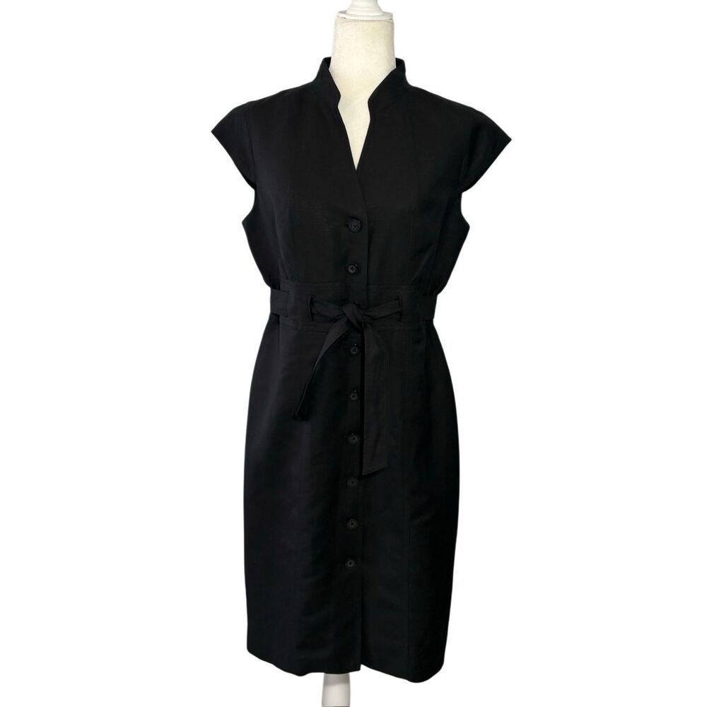 Calvin Klein black linen button front dress with cap sleeves and tie waist - 10